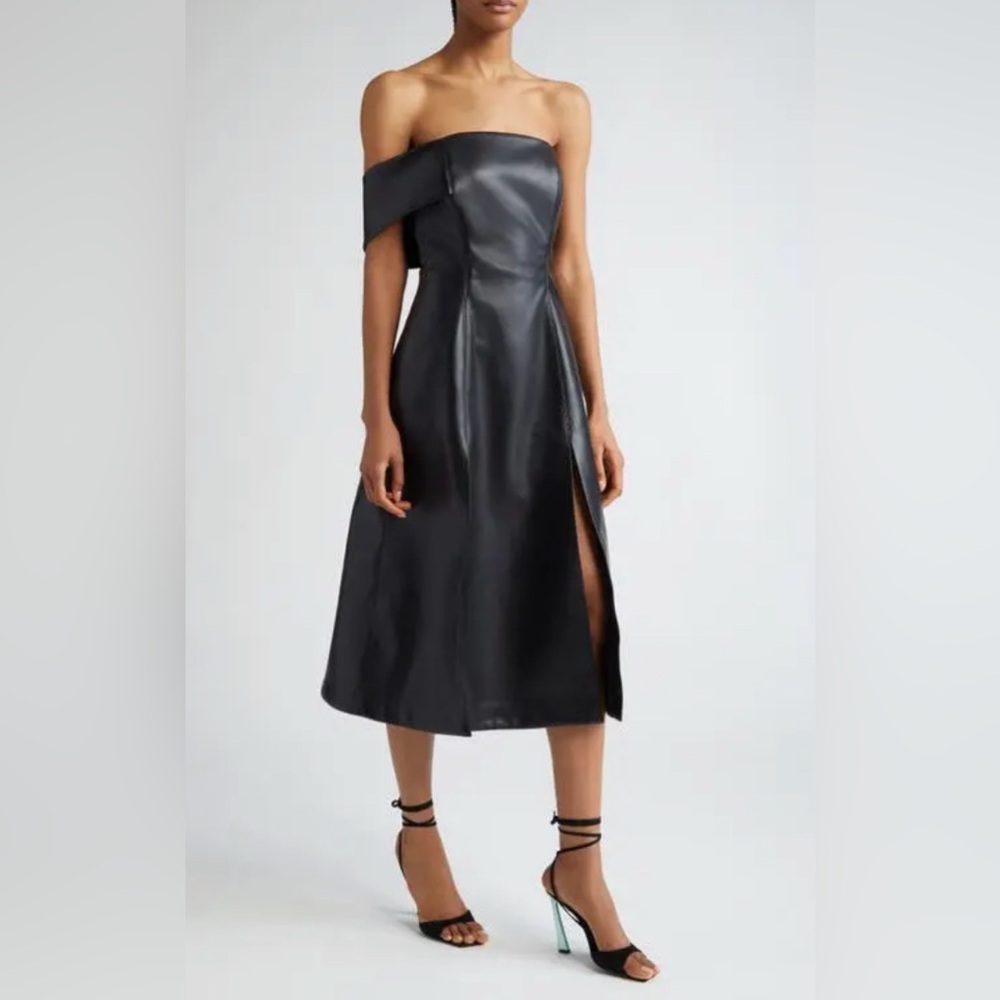 New! ISRAELLA KOBLA Simphi One-Shoulder Faux Leather Midi Dress Black Sz 4 $650